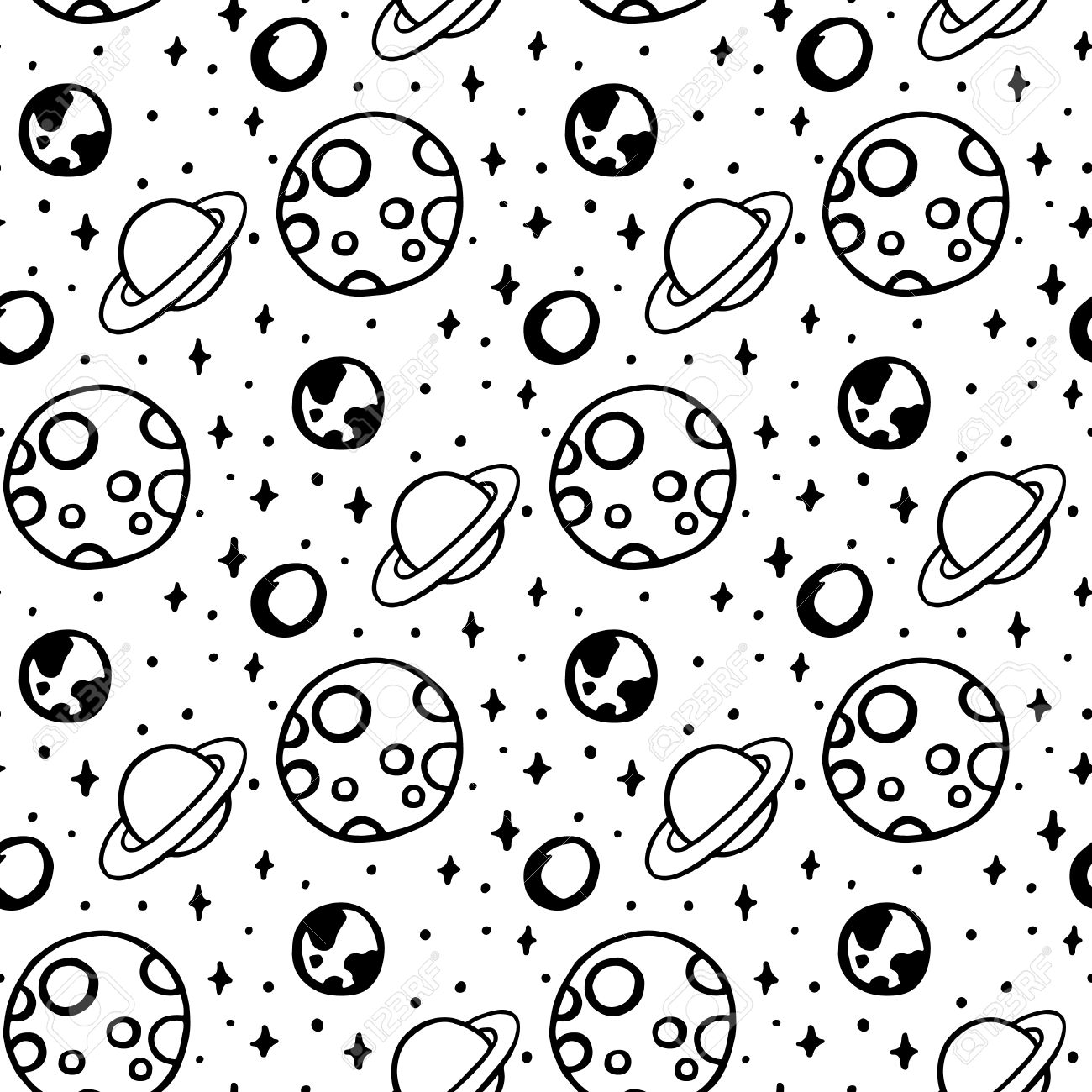 In Schwarz Weiss Muster Mit Einem Raum Mond Stern Planeten Lizenzfrei Nutzbare Vektorgrafiken Clip Arts Illustrationen Image