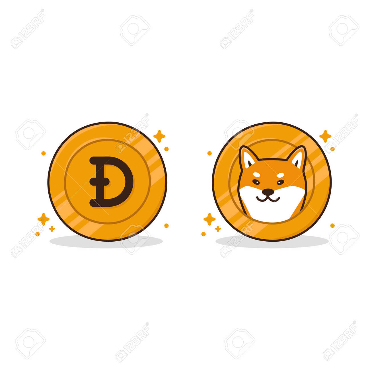 Icône De Crypto-monnaie Dogecoin. Ensemble De Pièces De Tête Et De Queue.  Monnaie Numérique. Caractère Chien Shiba Inu Sur Une Pièce De Monnaie.  Image Vectorielle Isolée Sur Fond Blanc. Clip Art Libres