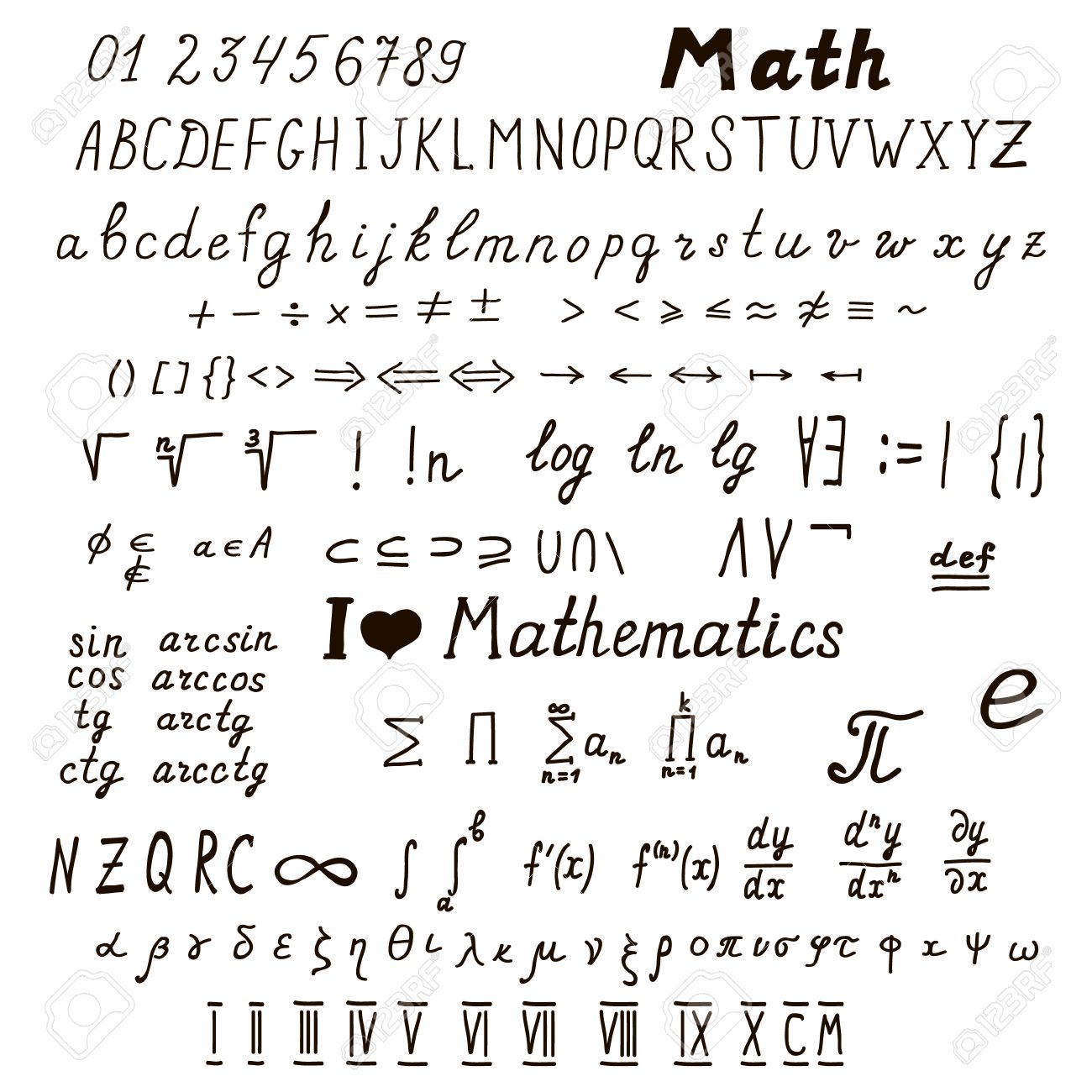 手描き数学的な記号やシンボル ラテン語とギリシャ語のアルファベット ローマ数字の大きなセット ベクトル図 のイラスト素材 ベクタ Image