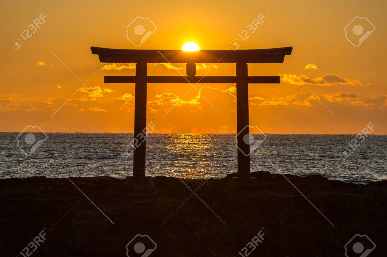 Torii Japanese shrine gate sunrise at sea Oarai city , Ibaraki Japan - 63996770 Torii Japanese shrine gate sunrise at sea Oarai city , Ibaraki Japan - 63996770