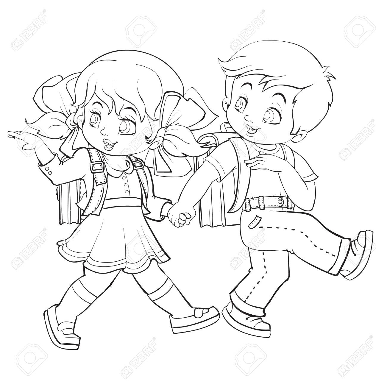Boy And Girl Have Fun Together Go To School Coloring Book Isolated Object On White Background Vector Illustration Royalty Free Cliparts Vectors And Stock Illustration Image