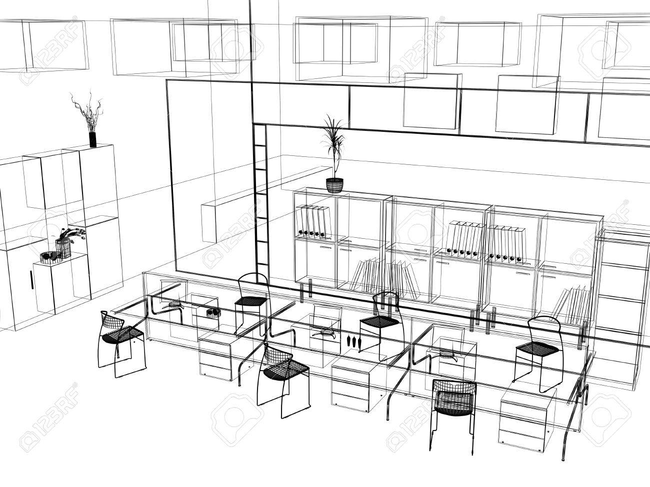 Interior Design Office Sketches the modern office interior design sketch (3d render) stock photo Interior Design Office Sketches the modern office interior design sketch (3d render) stock photo