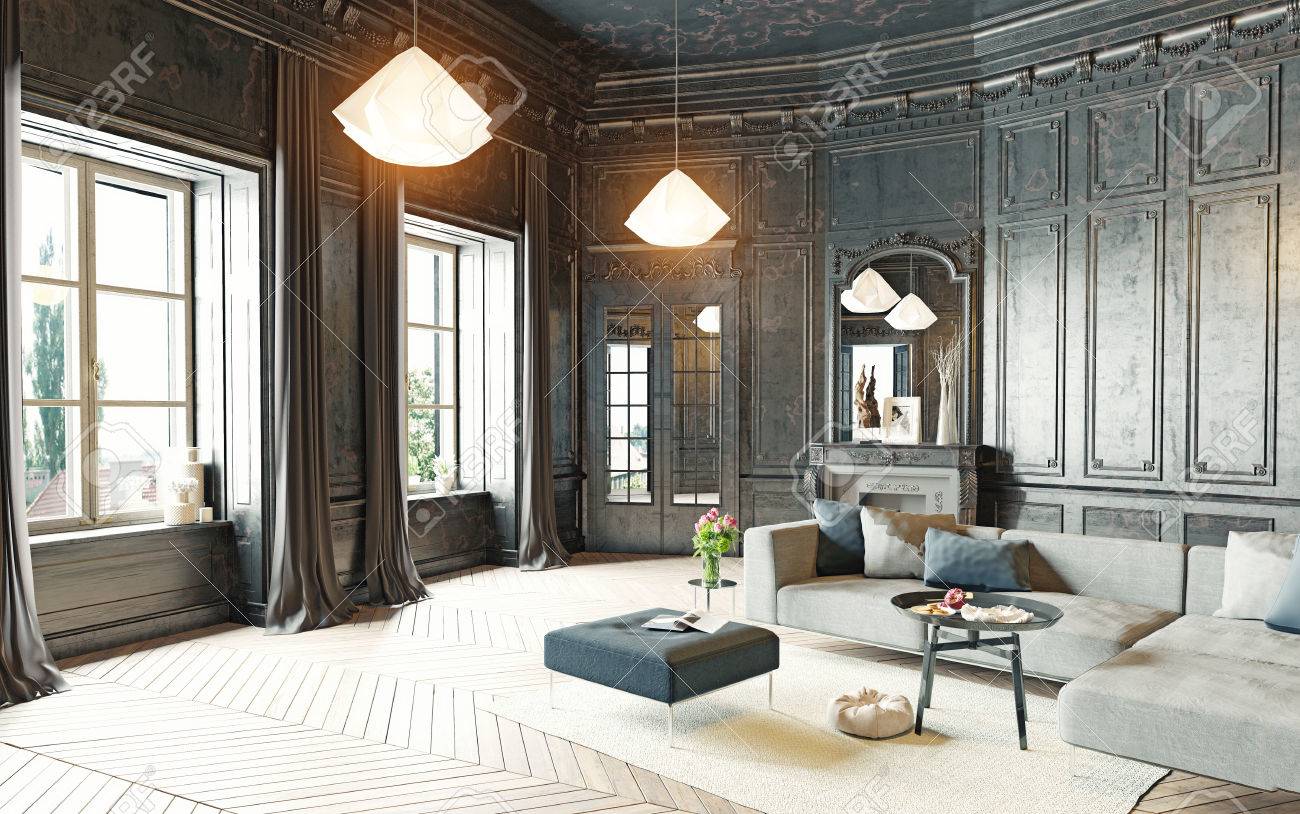 Modern stil svart vardagsrum lägenhet. 3d rendering royalty fria ...