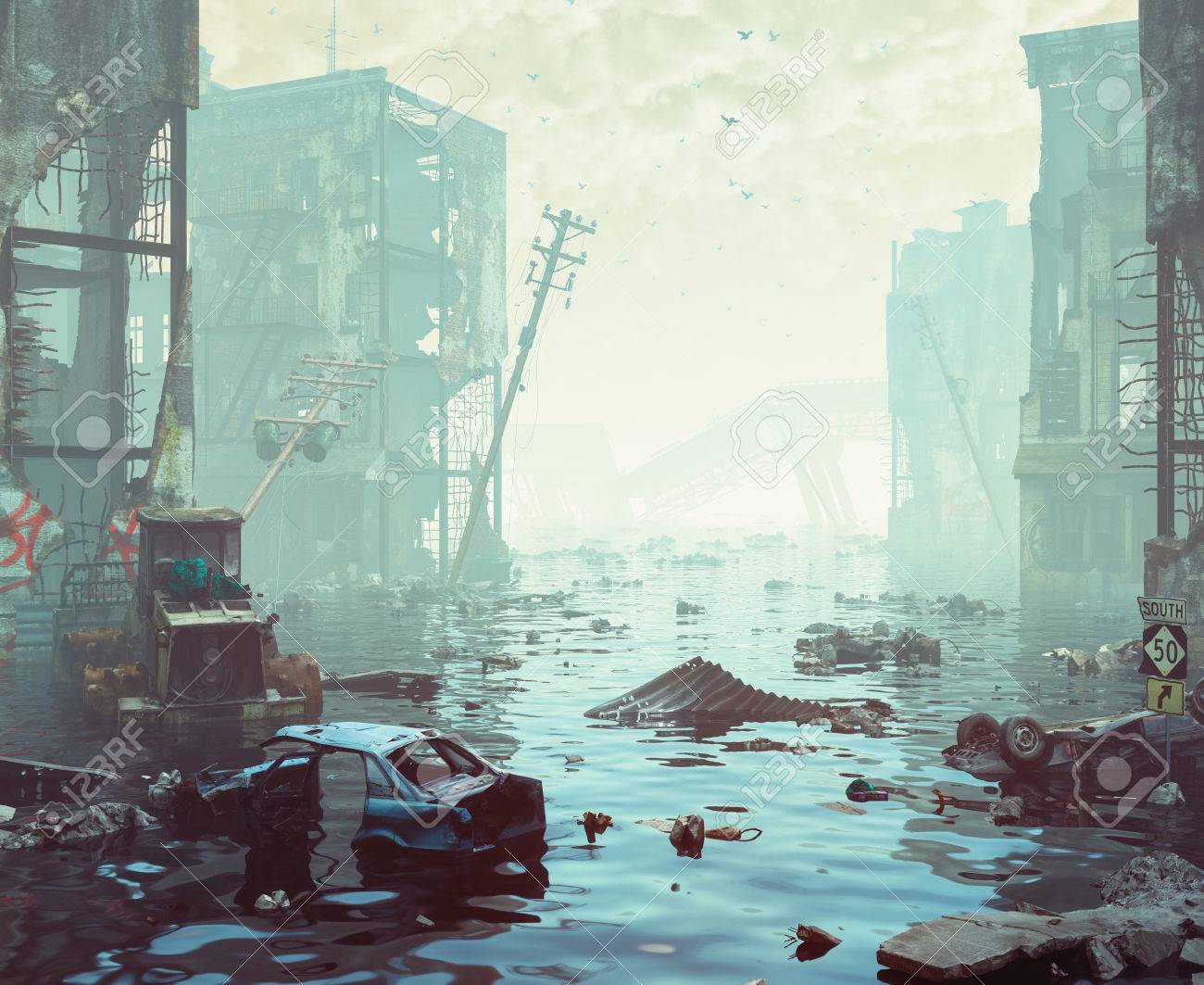 Ruins of the flooding city. Apocalyptic landscape.3d illustration concept - 85707262 Ruins of the flooding city. Apocalyptic landscape.3d illustration concept - 85707262