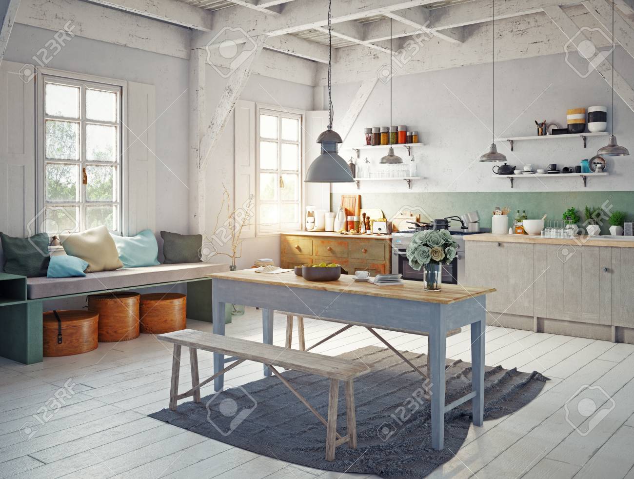vintage style kitchen interior. 3d rendering concept design - 96013726 vintage style kitchen interior. 3d rendering concept design - 96013726