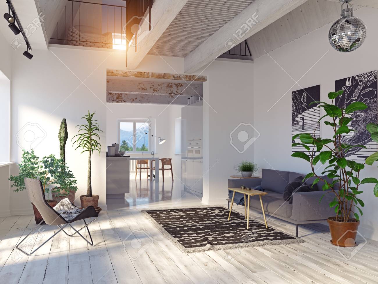 Modern house interior. Sofa and kitchen zone. - 121241182 Modern house interior. Sofa and kitchen zone. - 121241182