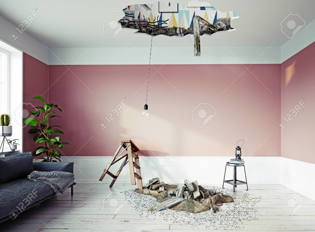 Broken ceiling in the room. - 127732998 Broken ceiling in the room. - 127732998