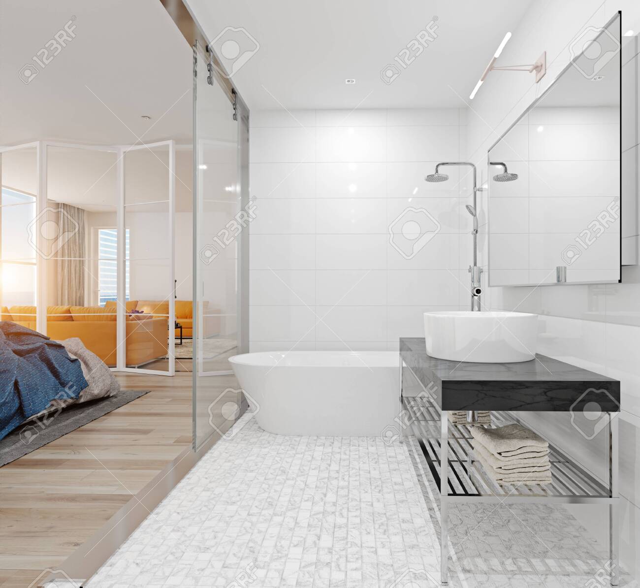 Modern Bathroom In The Bedroom 3d Rendering Concept