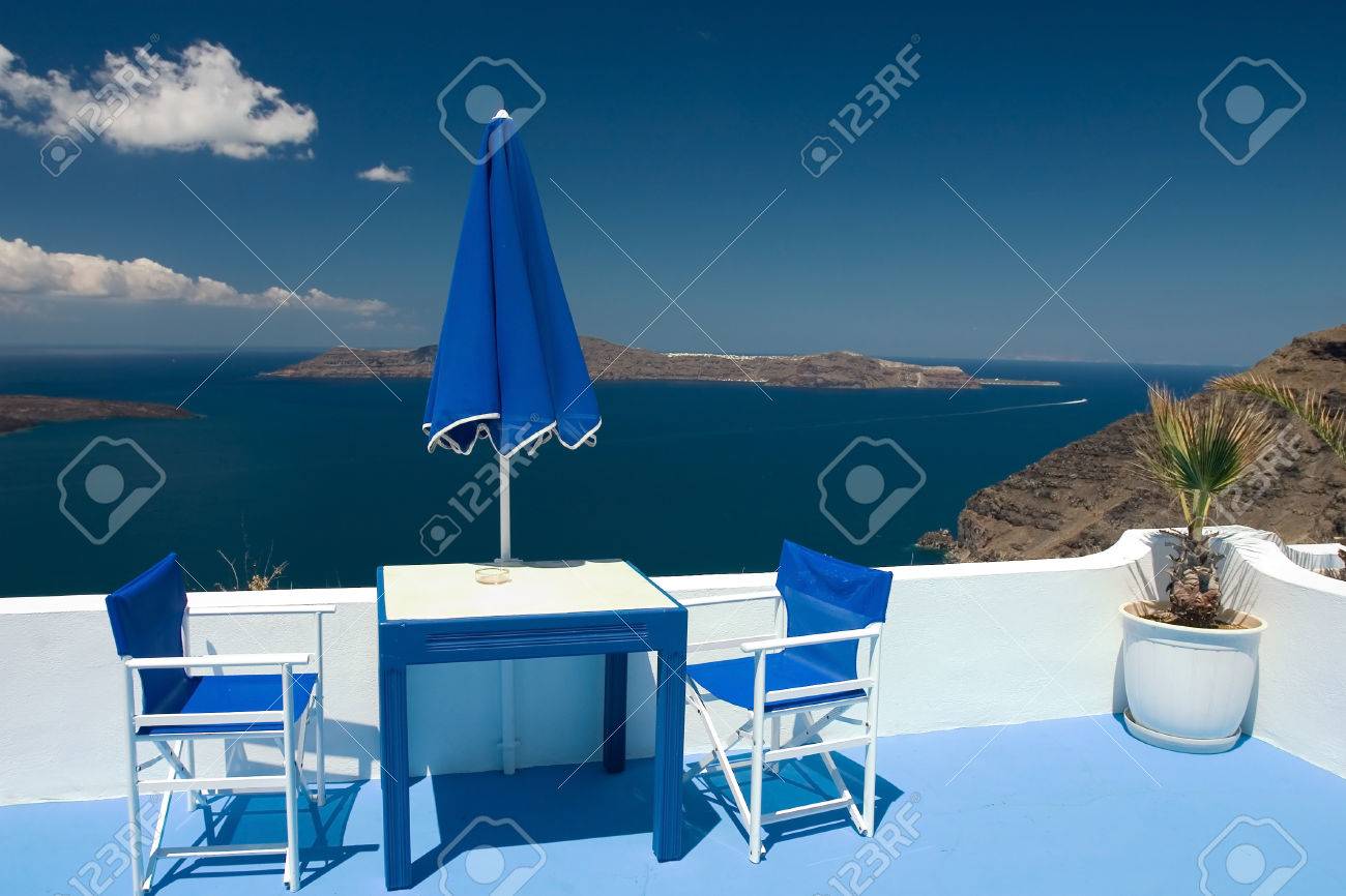 Beautiful view from balcony on the Santorini volcano - 1414735 Beautiful view from balcony on the Santorini volcano - 1414735