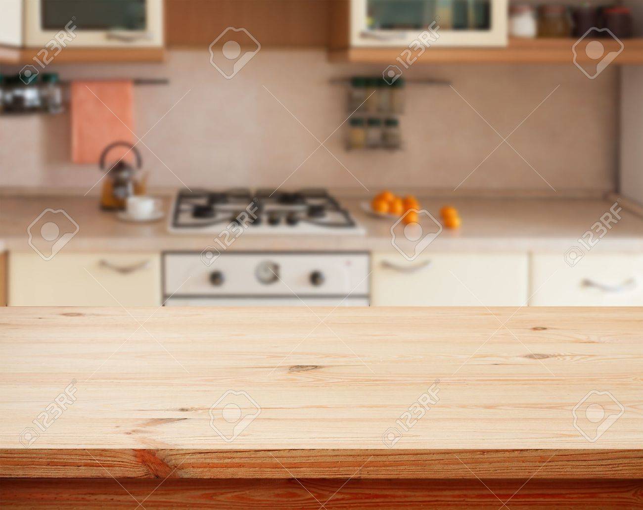 Kitchen Interior Empty Wooden Table Closeup Horizontally Kitchen Interior Empty Wooden Table Closeup Horizontally