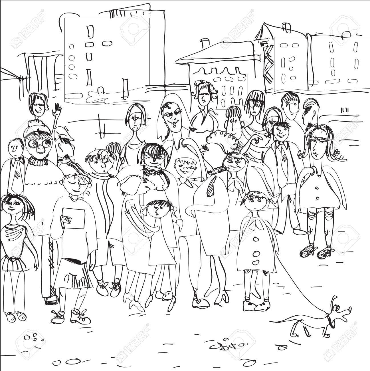 手都市景観の前にカジュアルな服装で探している現代人のイラストを描いた のイラスト素材 ベクタ Image