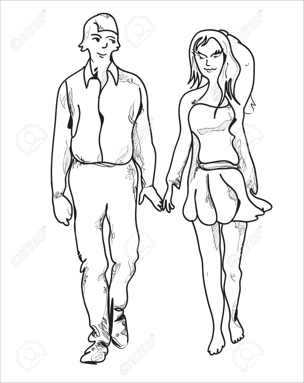 歩くと手 白と黒のシンプルな方法で描かれた手を握ってカップルのイラスト のイラスト素材 ベクタ Image