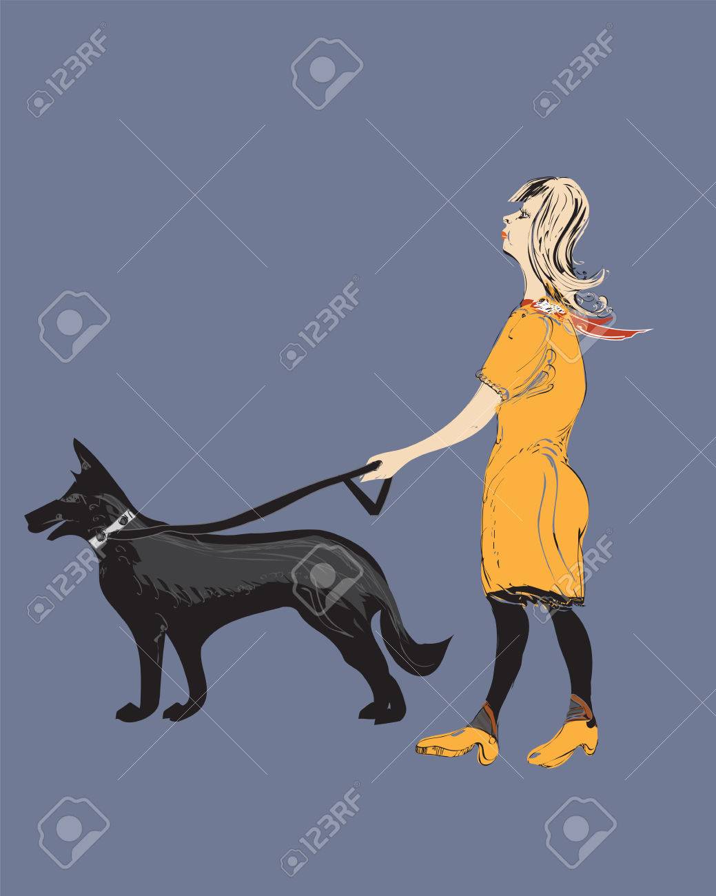 リードのシェパード犬を連れて歩いて現代女性の落書き風のイラスト のイラスト素材 ベクタ Image