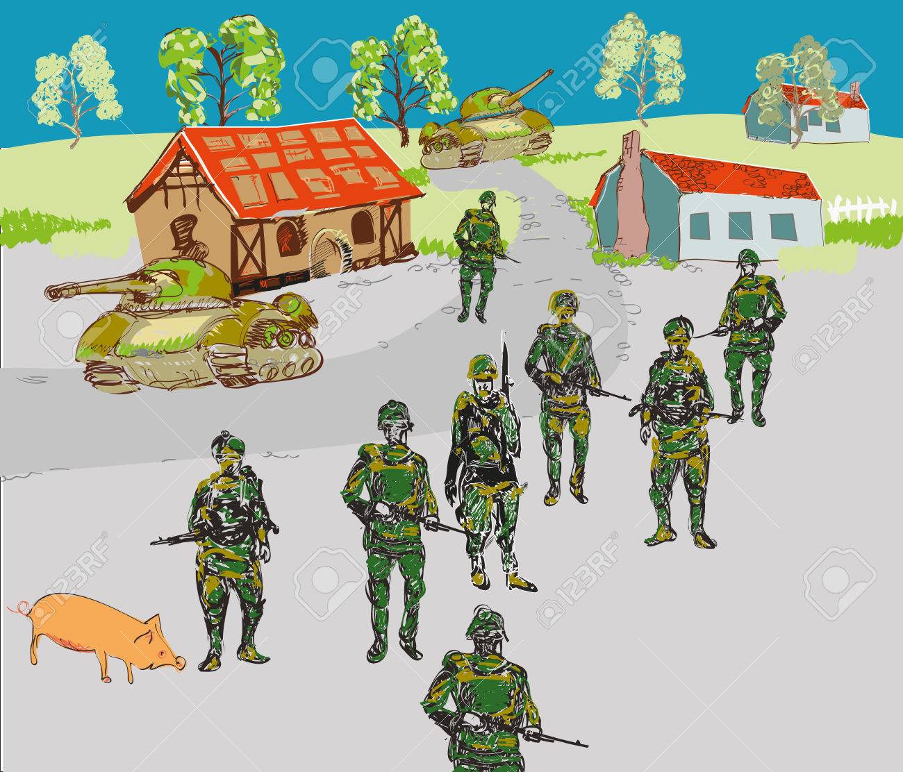 小さな町 戦争や紛争の概念の兵士手幼稚なイラストで描かれました のイラスト素材 ベクタ Image 小さな町 戦争や紛争の概念の兵士手幼稚なイラストで描かれました のイラスト素材 ベクタ Image