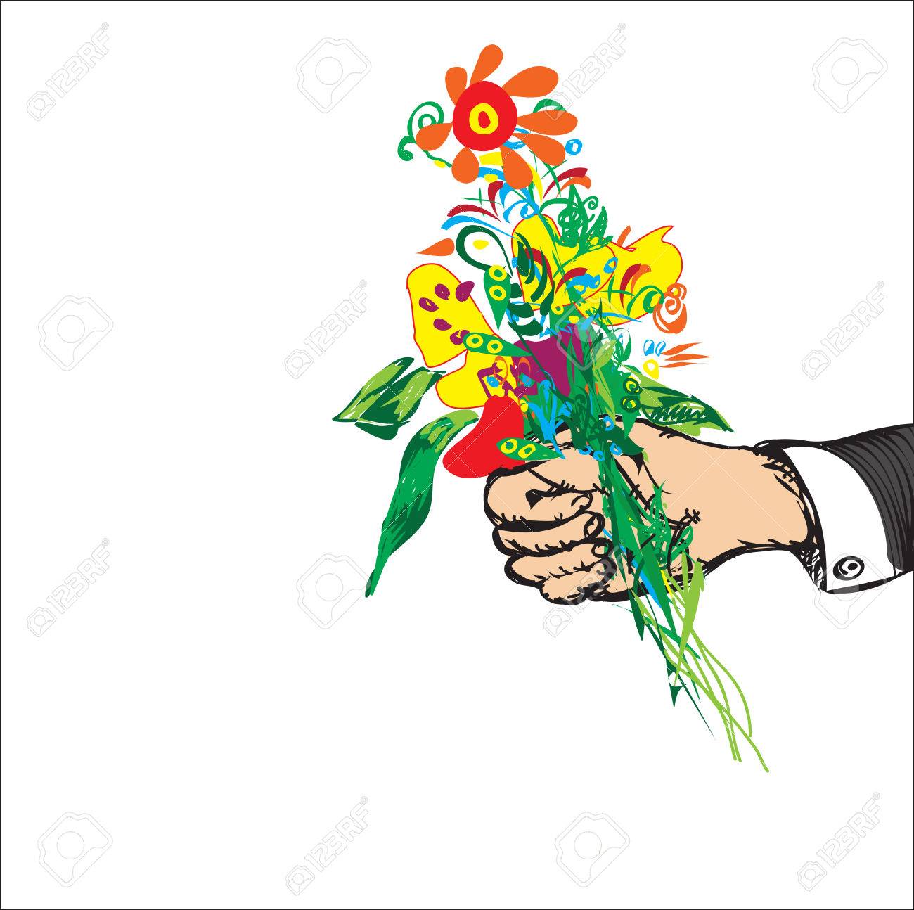 drawn male hand with a bouquet of abstract flowers isolated