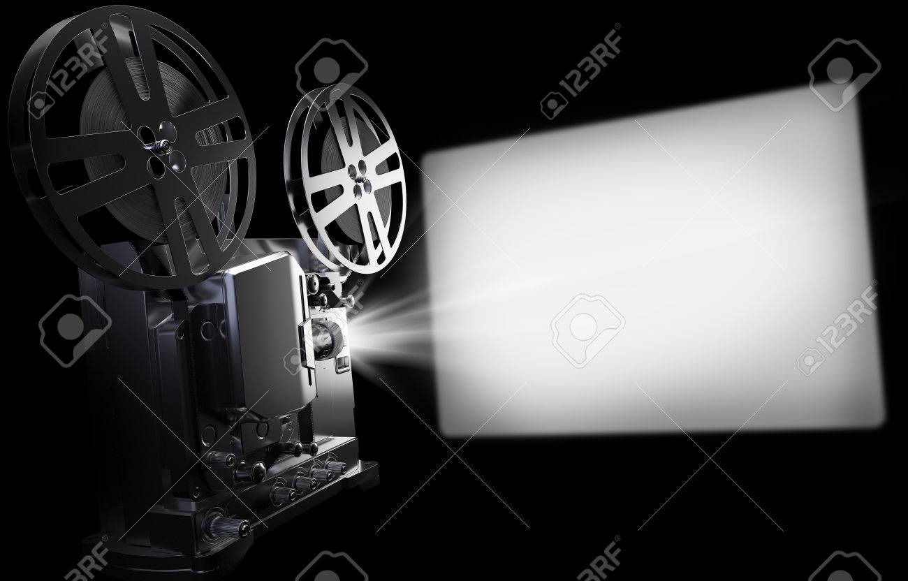 Ancien projecteur de cinéma et écran, film vintage ou concept vidéo. Rendu 10D Illustration sur fond noir Ancien projecteur de cinéma et écran, film vintage ou concept vidéo. Rendu 10D Illustration sur fond noir