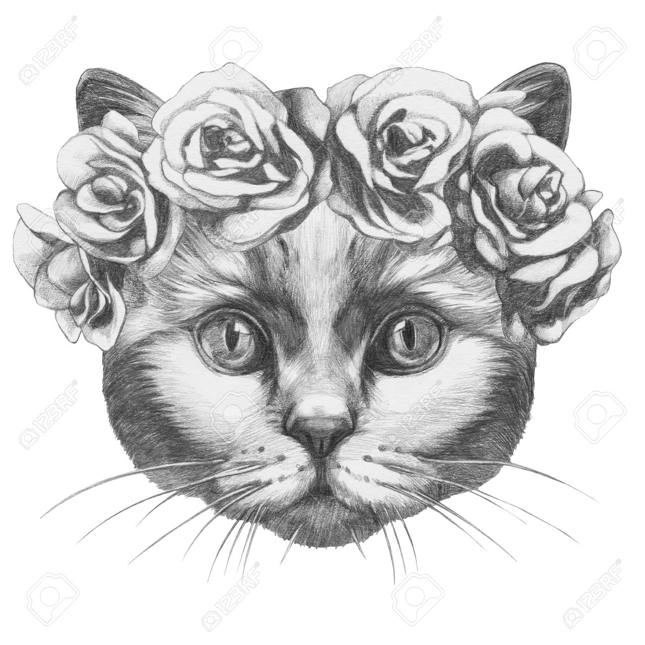 Dessin Original De Chat Avec Des Roses Isole Sur Fond Blanc Banque D Images Et Photos Libres De Droits Image