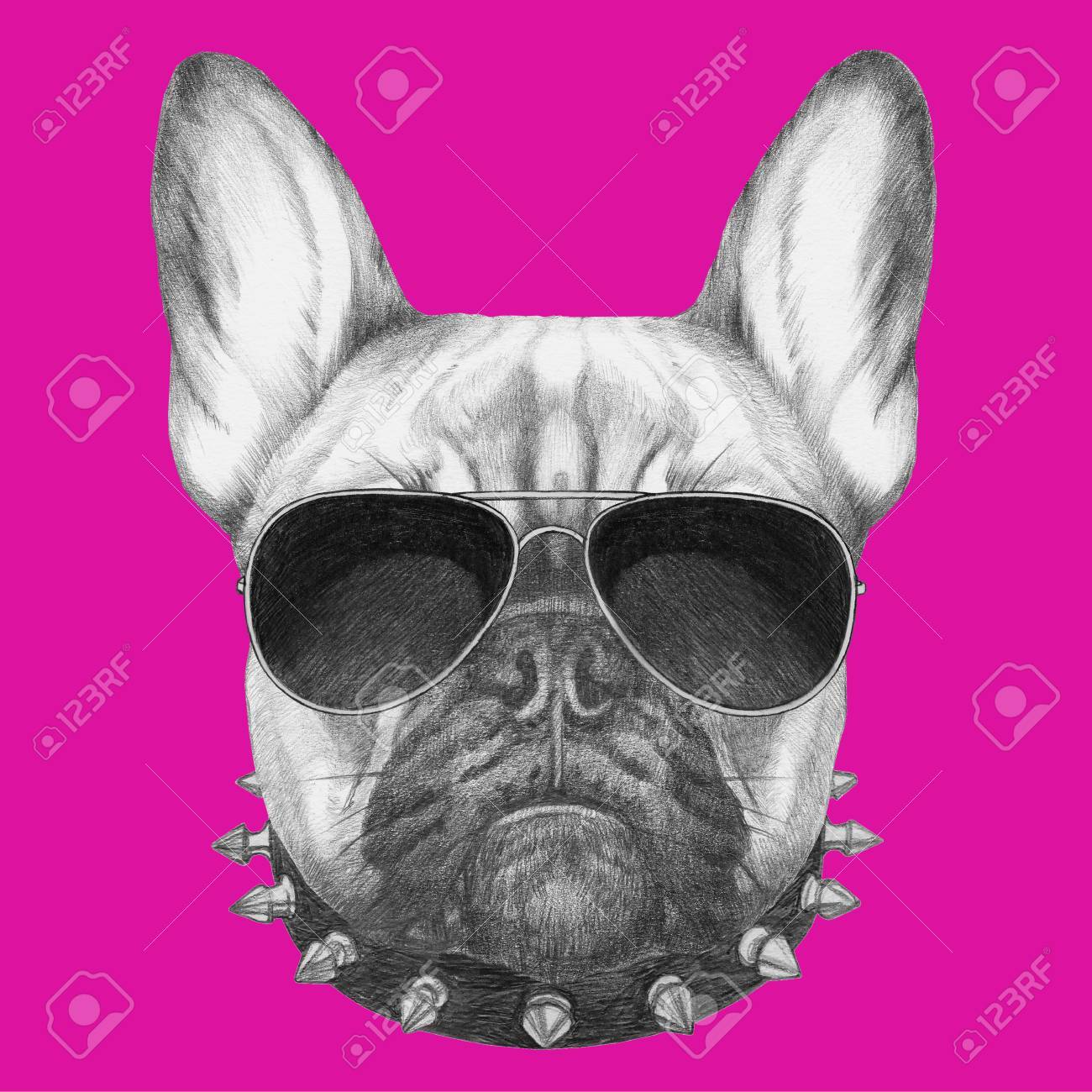 襟とサングラスとフレンチ ブルドッグの元の図面。色付きの背景上に