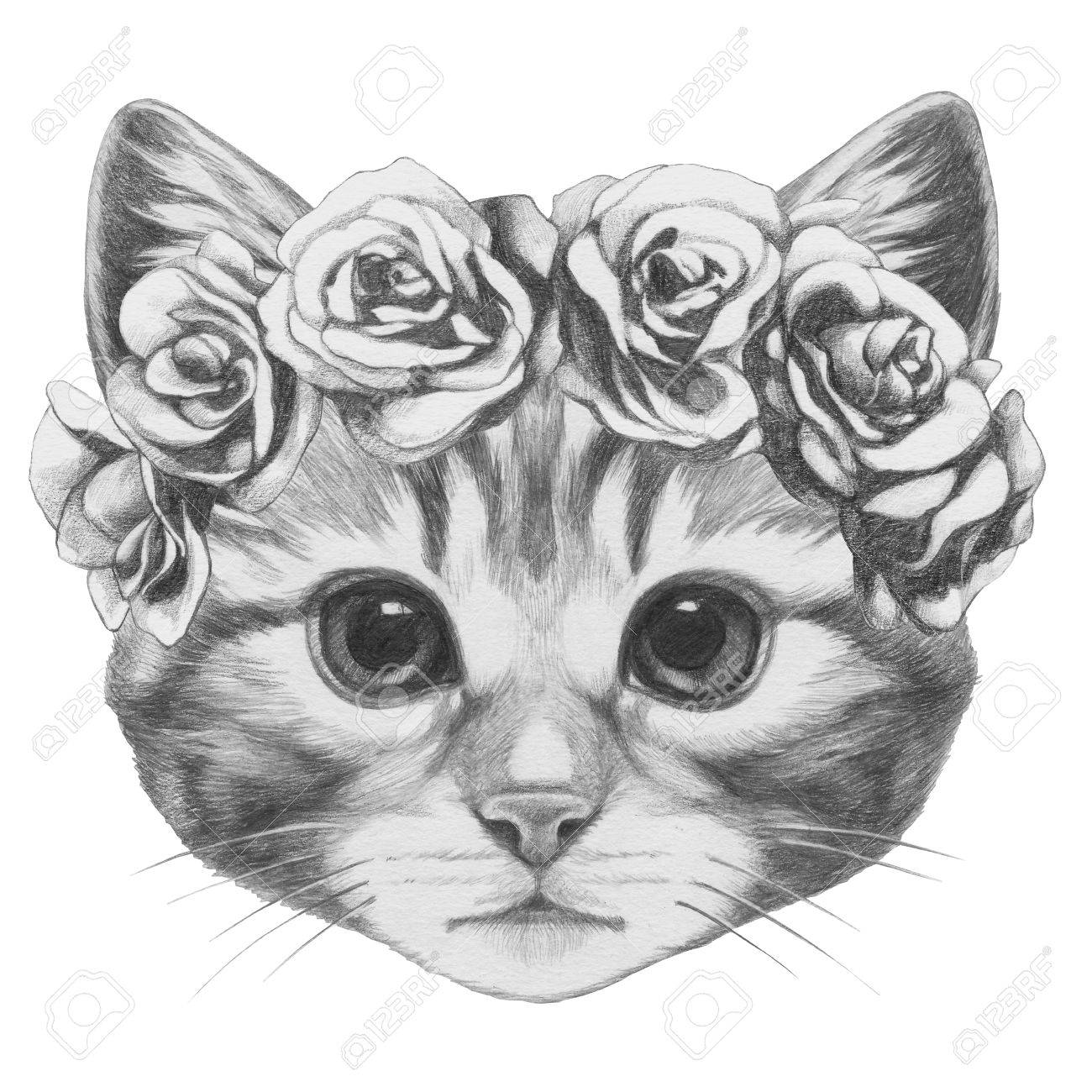 Dessin Original De Chat Avec Couronne De Tete Florale Isole Sur Fond Blanc Banque D Images Et Photos Libres De Droits Image