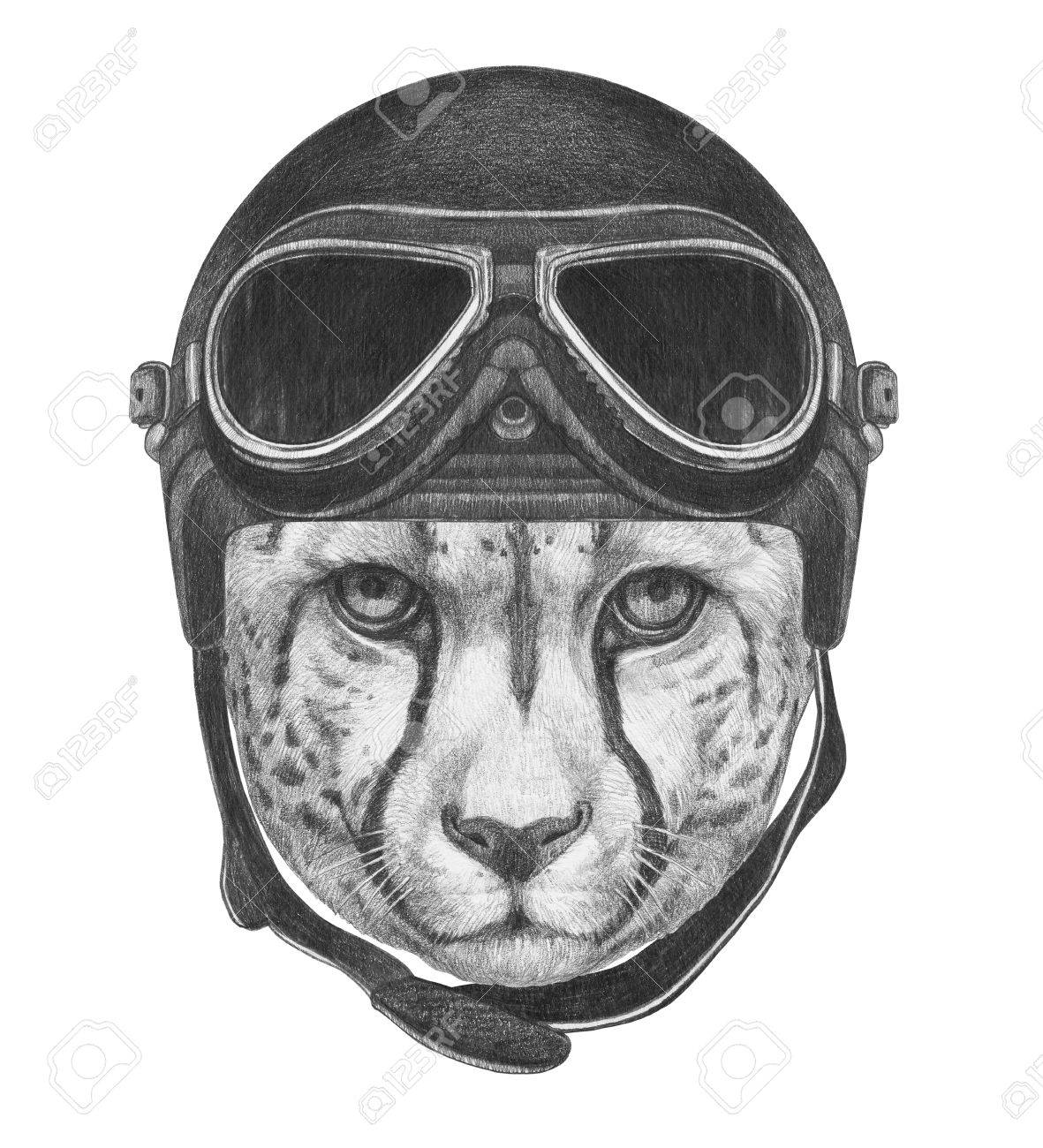ビンテージ ヘルメットとチーターの肖像画 手描きのイラスト の写真素材 画像素材 Image