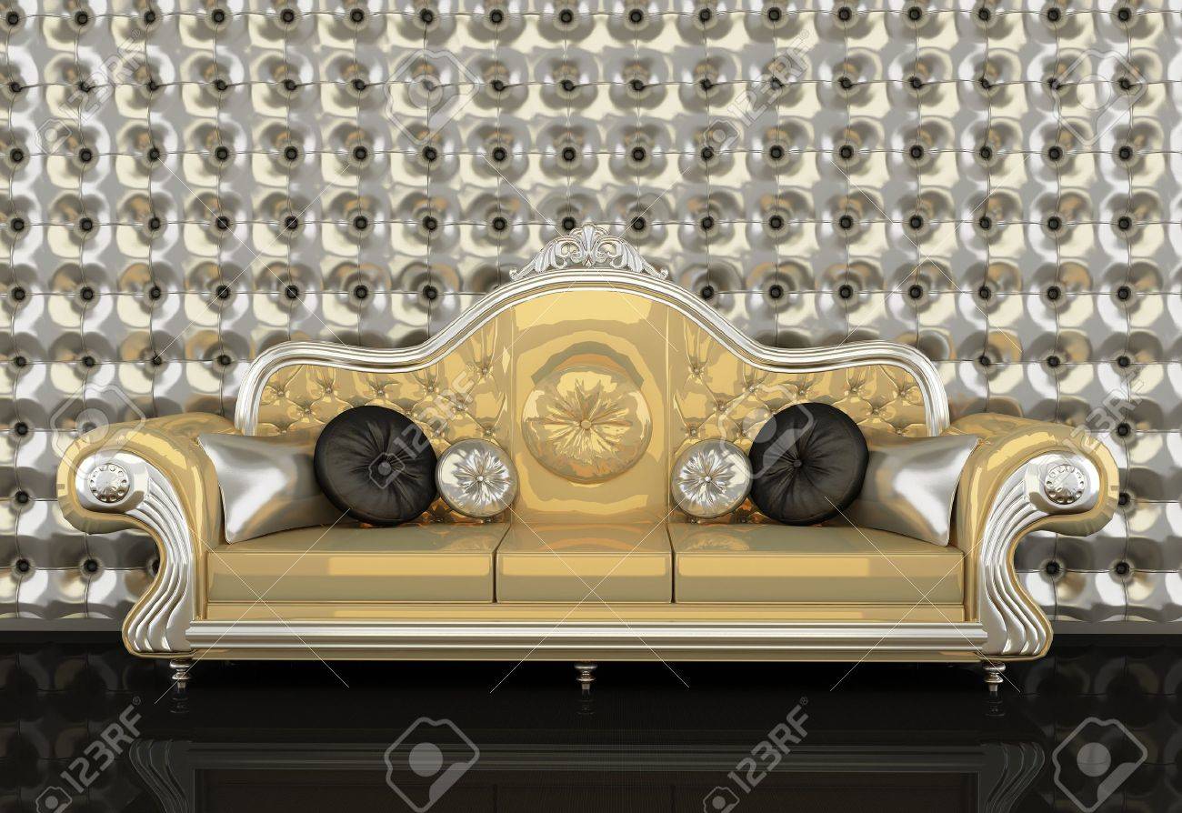 Golden Leather Sofa With A Silver Frame On Background