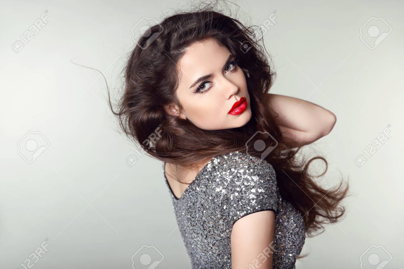 Beauty Portrait Of Beautiful Brunette Woman With Red Lips And