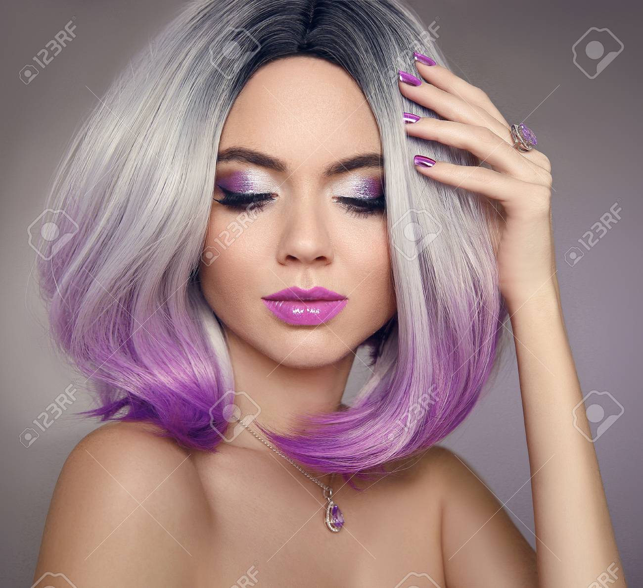 Ombre Bob Hair Coloring Woman Beauty Portrait Of Blond Model