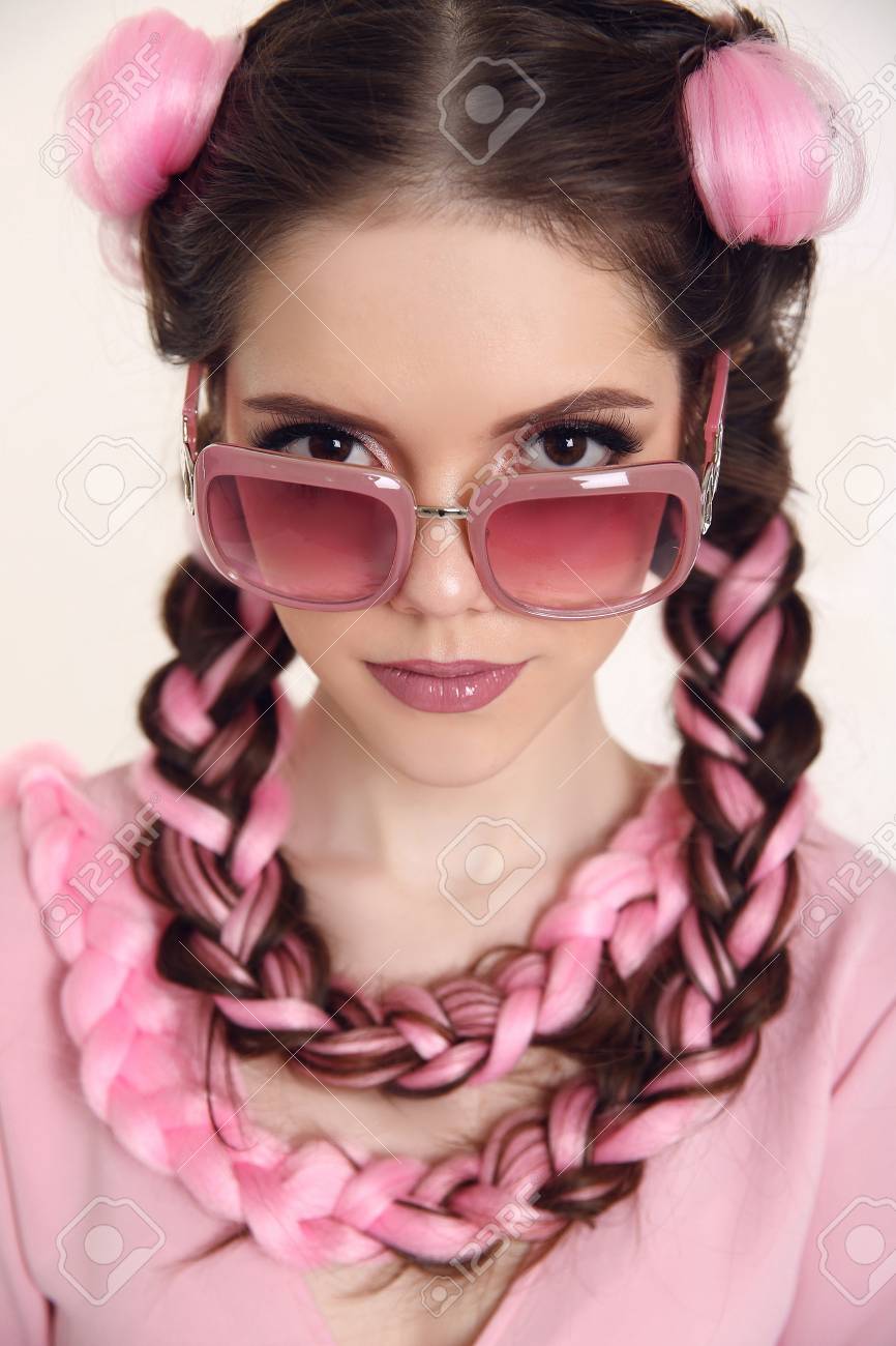 Brunette Teen Girl With Two French Braids From Pink Kanekalon