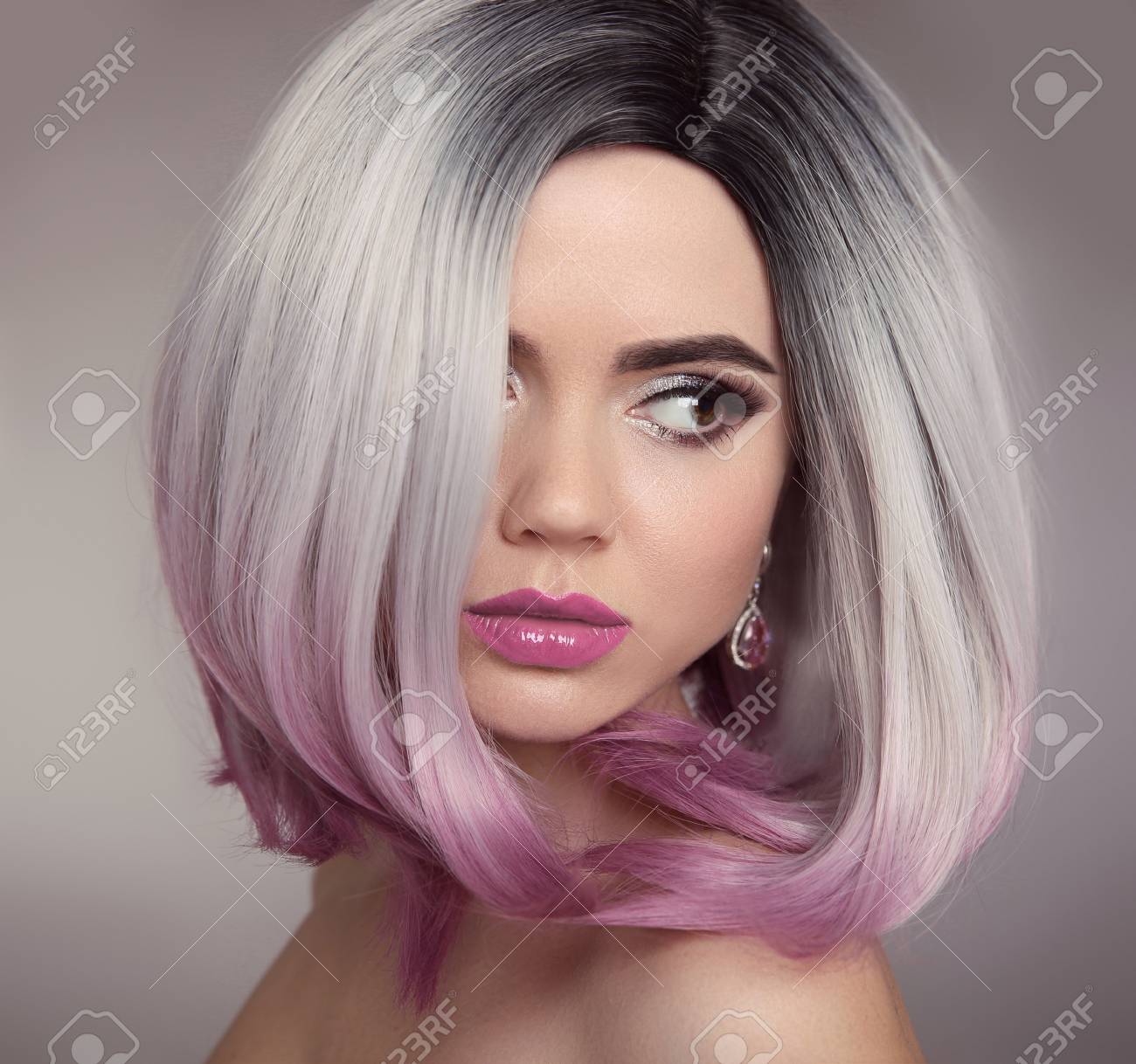 Ombre Bob Hairstyle Blonde Girl Portrait Purple Makeup Beautiful