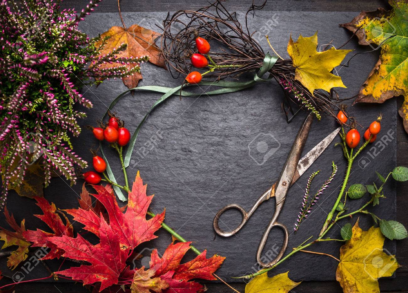 Florist Table For Making Autumn Decorations With Leafs Shears