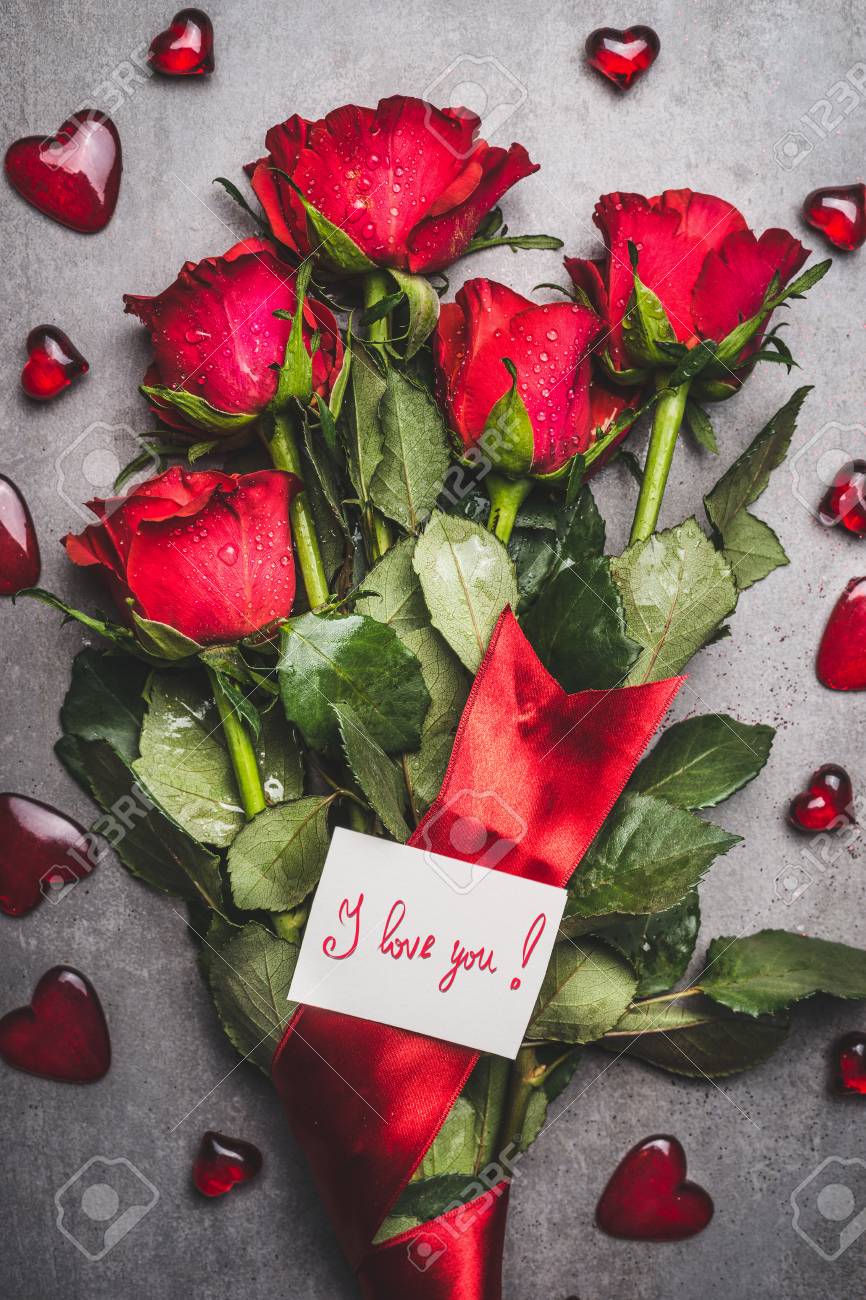 Big Flowers Bunch With Red Roses , Ribbon , I Love You Lettering ...