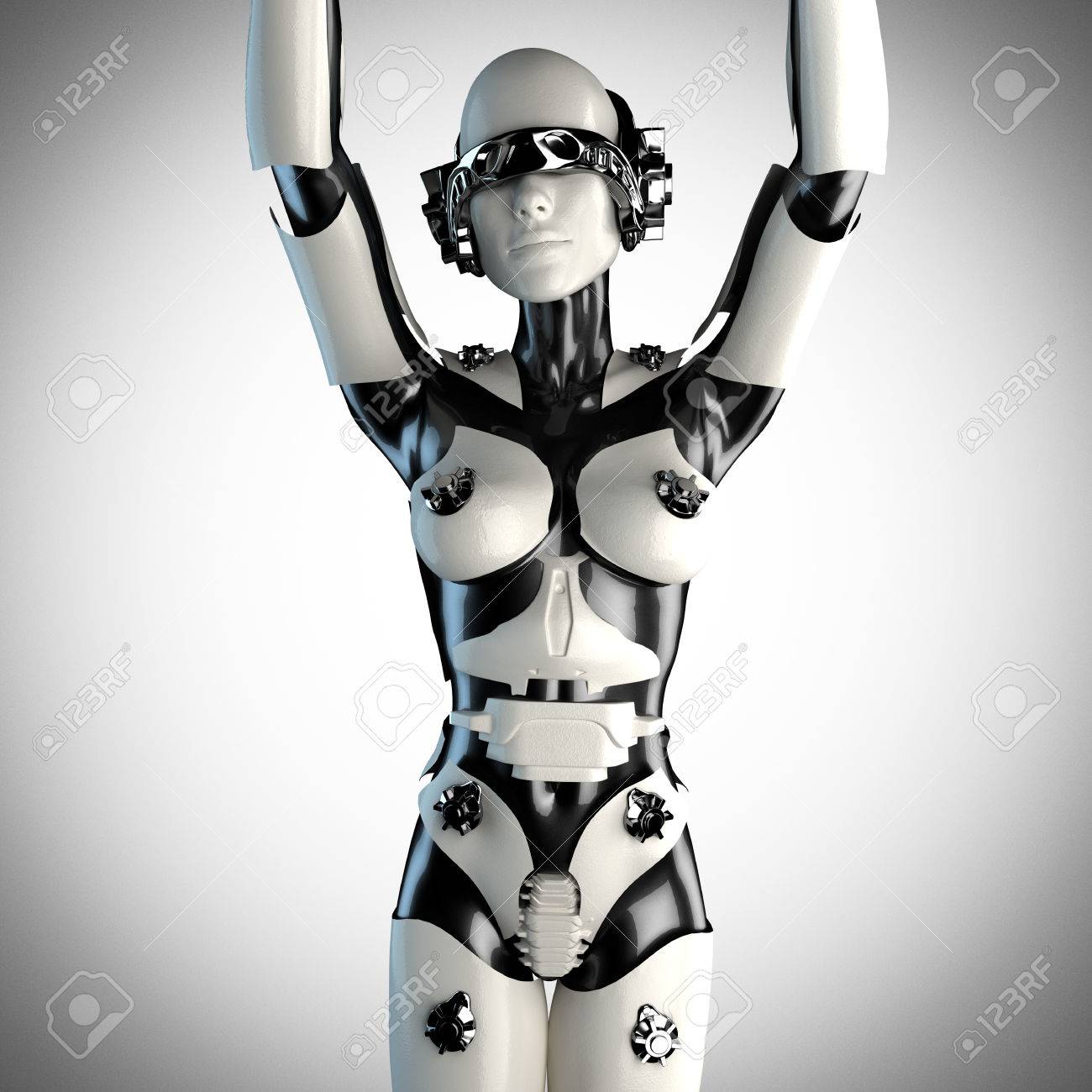 鋼と白いプラスチックの女サイボーグ の写真素材 画像素材 Image