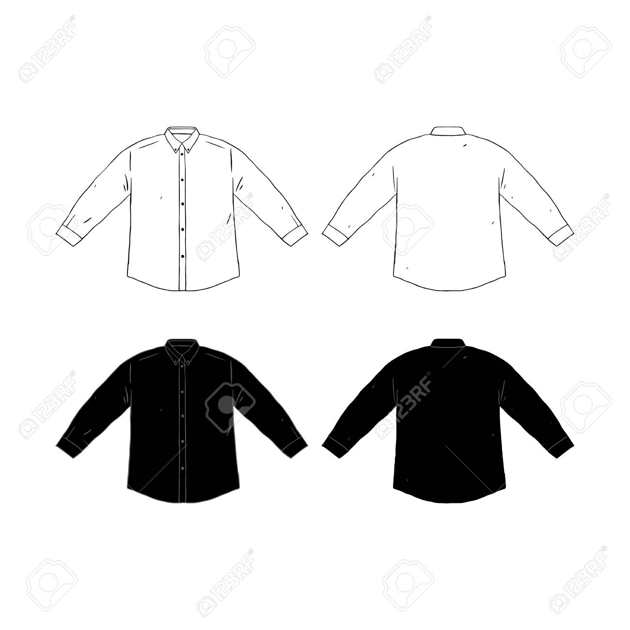ブランク長袖シャツデザインテンプレート手描きベクトルイラストのセット フロントシャツとバックシャツの側面 白い背景に白と黒の男性のシャツ のイラスト素材 ベクタ Image