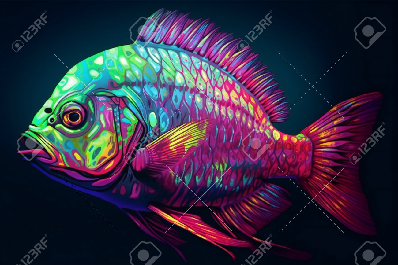 暗い背景にカラフルな魚。手描きのイラスト。の写真素材・画像素材  