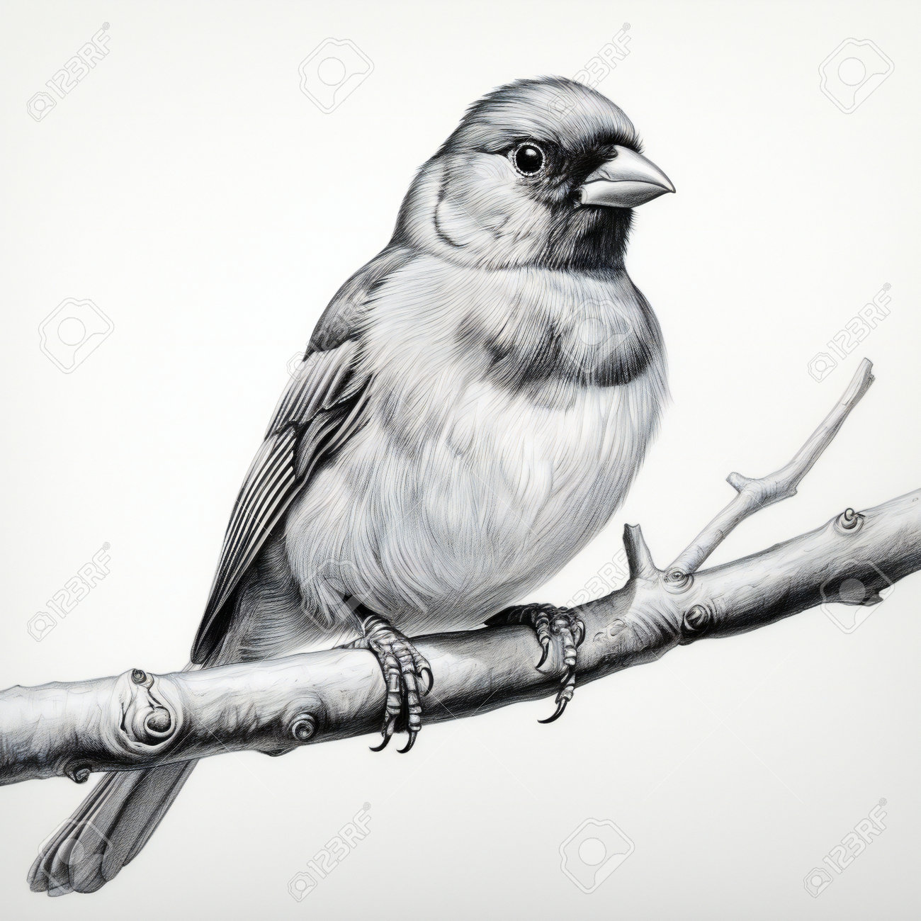 枝に座っている鳥の白黒鉛筆画の写真素材・画像素材 Image 210557064