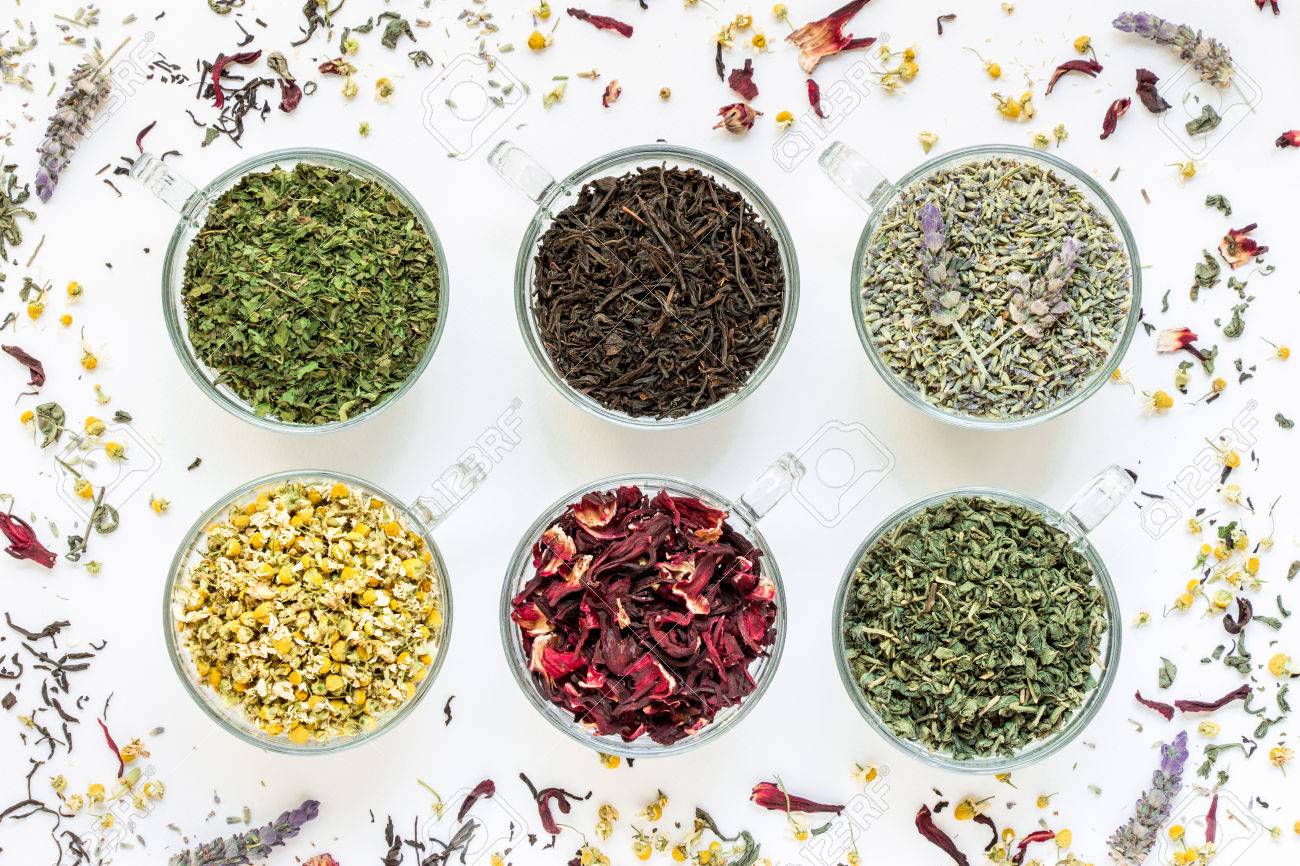 6 Cups With Different Types Of Tea Leaves Black Green Hibiscus Stock Photo Picture And Royalty Free Image Image 66260027