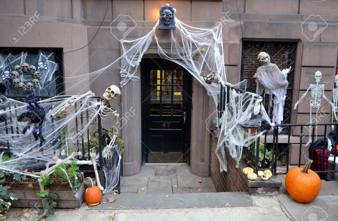 halloween decorations in upper west side manhattan nyc usa stock photo
