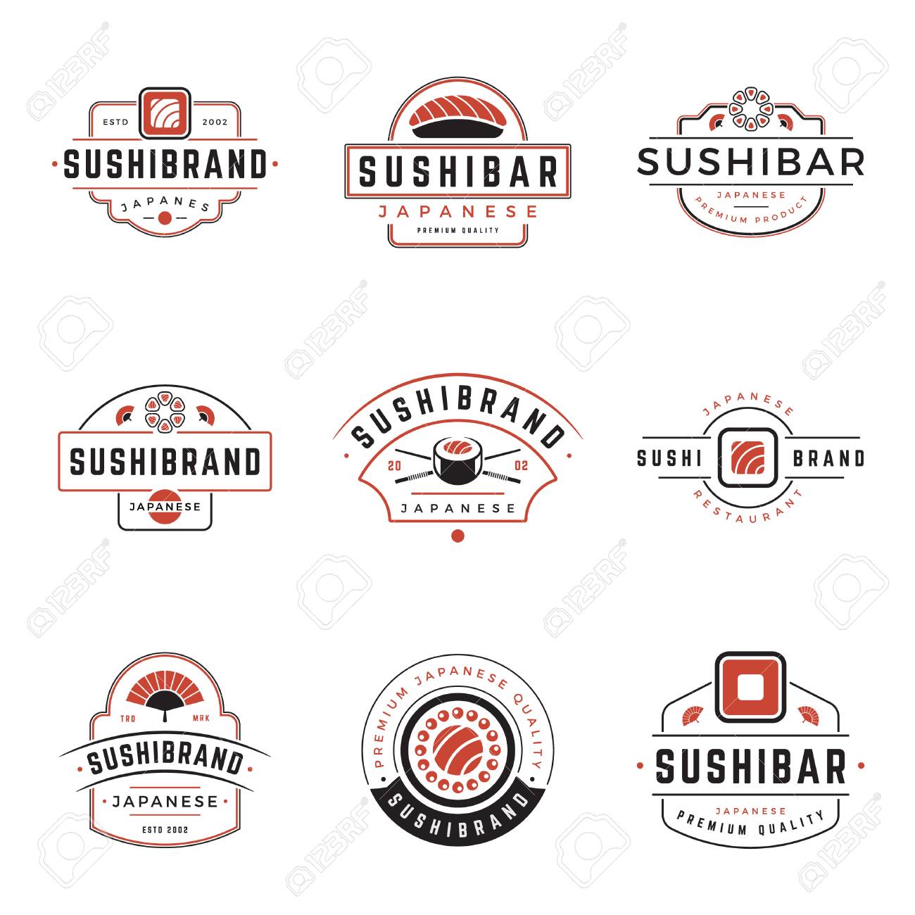 寿司店ロゴのテンプレートを設定します ベクトル オブジェクトと寿司ラベルやバッジ 日本食品のロゴ デザイン エンブレム グラフィックのアイコン 寿司ロール シルエット 日本レストランのロゴ 海食品のシンボル のイラスト素材 ベクタ Image