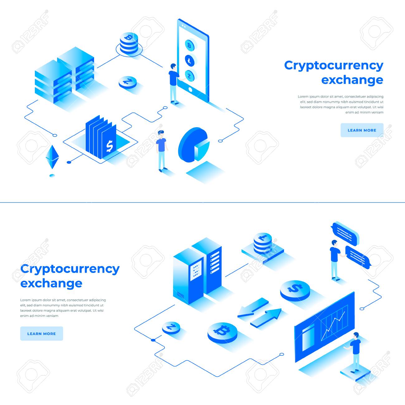 암호 화폐 교환 및 블록체인 아이소메트릭 구성. 방문 페이지 템플릿 및 인포 그래픽 벡터 일러스트 레이 션에 좋습니다. 로열티 무료  사진, 그림, 이미지 그리고 스톡포토그래피. Image 106782135