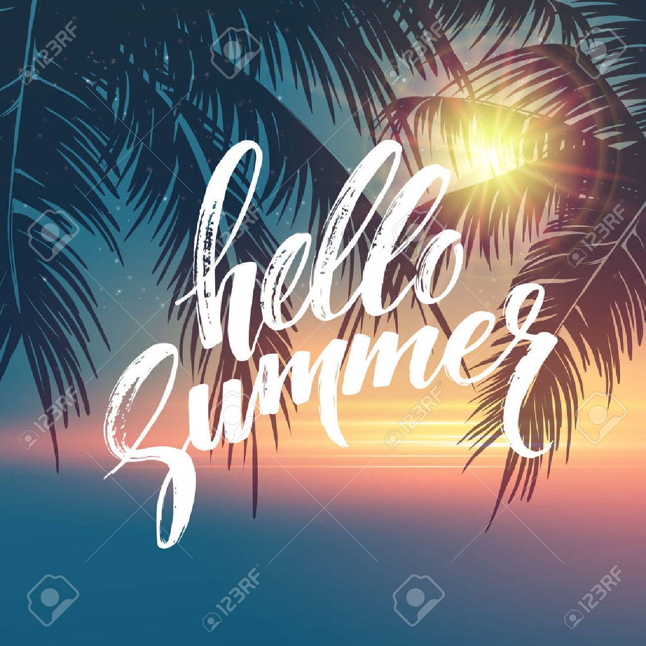 Hello summer background. Tropical palm leaves pattern, handwriting lettering. Palm Tree branches. Tropic paradise backdrop. Vector illustration EPS10 - 54269232 Hello summer background. Tropical palm leaves pattern, handwriting lettering. Palm Tree branches. Tropic paradise backdrop. Vector illustration EPS10 - 54269232