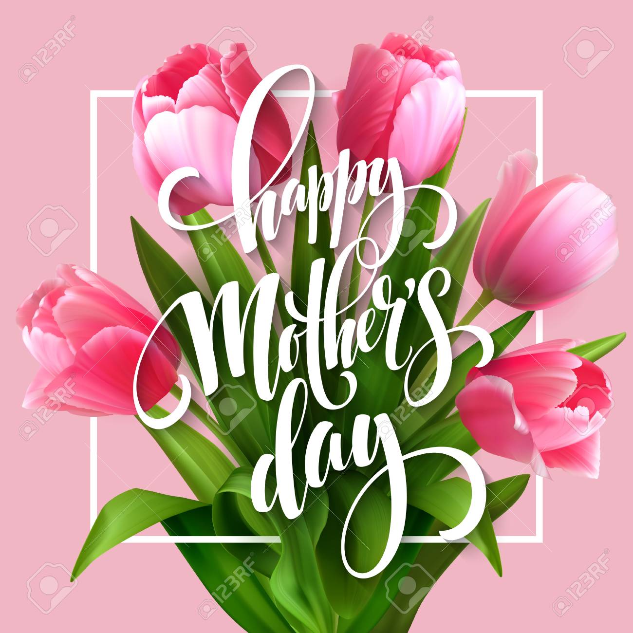 Bonne Fête Des Mères Lettrage Mères Jour Carte De Voeux Avec La Floraison Des Fleurs De Tulipes Vector Illustration Eps10