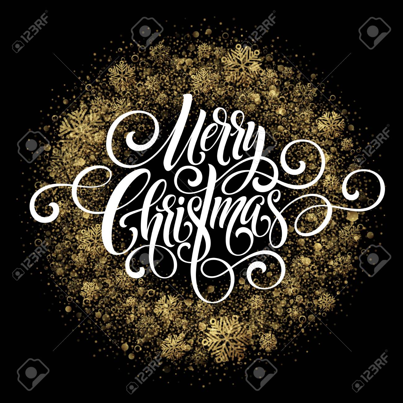 Joyeux Noel Ecriture Manuscrite Script Fond De Voeux De Noel Dore Blanc Noir Avec Des Flocons De Neige Illustration Vectorielle Clip Art Libres De Droits Vecteurs Et Illustration Image