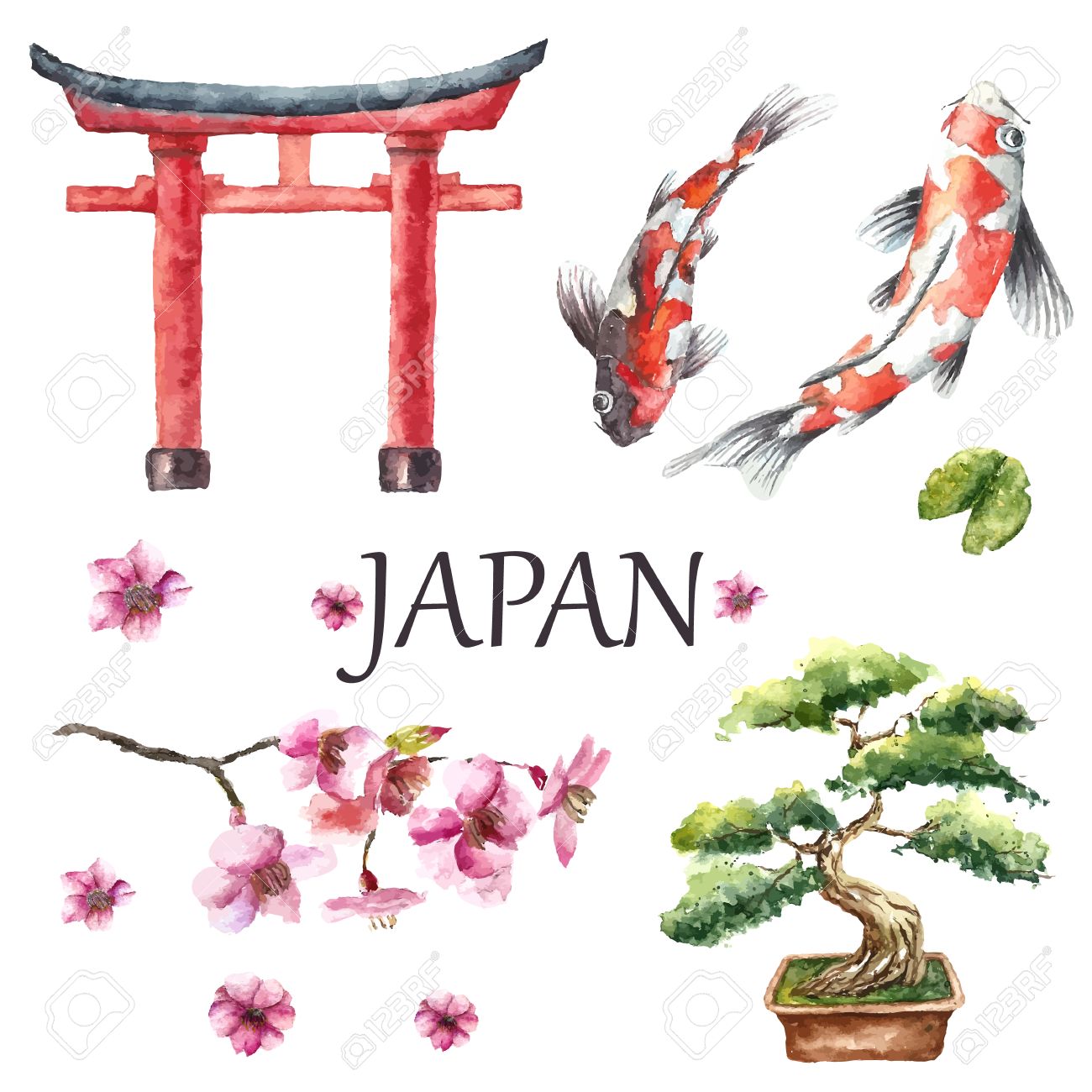 水彩の手は 日本のデザイン要素 鳥居 盆栽 Koi の魚 桜の枝を描画します ベクトルの図 のイラスト素材 ベクタ Image 水彩の手は 日本のデザイン要素 鳥居 盆栽 Koi の魚 桜の枝を描画します ベクトルの図 のイラスト素材 ベクタ Image