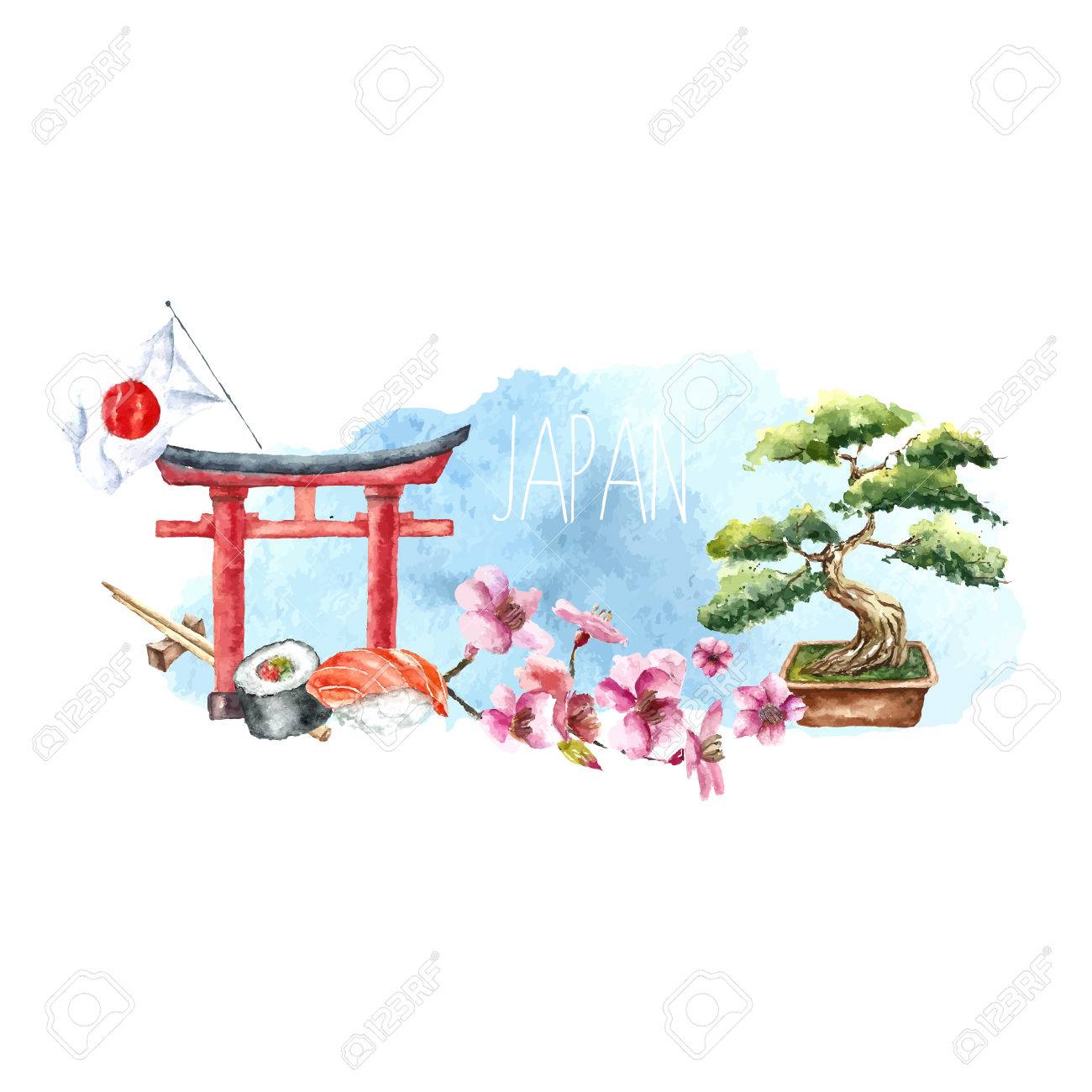 水彩日本バナー 手描きの要素鳥居 盆栽 桜枝 寿司ロール 箸と日本のフラグのラベルを付けます 日本資本の兆候 ベクトルの図 のイラスト素材 ベクタ Image 水彩日本バナー 手描きの要素鳥居 盆栽 桜枝 寿司ロール 箸と日本のフラグのラベルを付けます 日本資本の兆候 ベクトルの図 のイラスト素材 ベクタ Image
