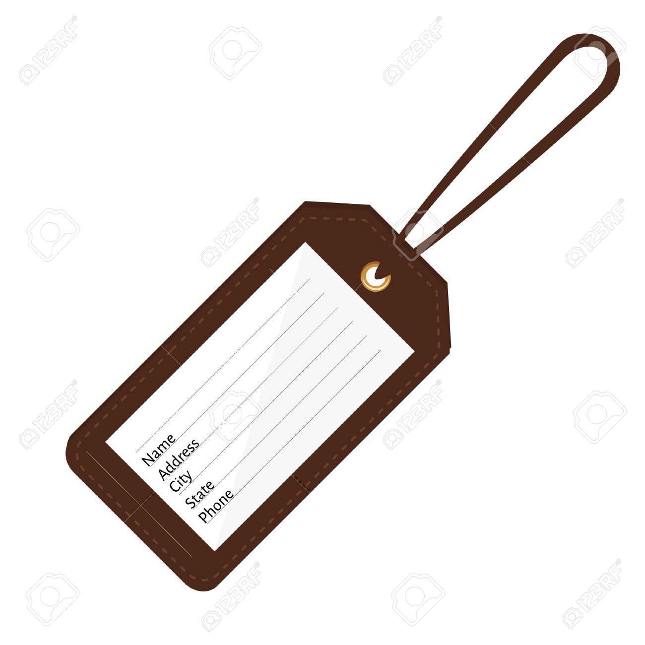 Brown leather luggage tag with name, address, city, state, phone fields. Luggage label with string vector illustration. Travel tag - 44024321 Brown leather luggage tag with name, address, city, state, phone fields. Luggage label with string vector illustration. Travel tag - 44024321