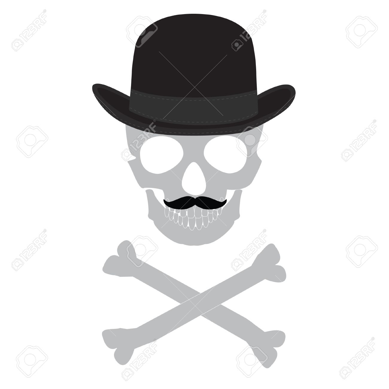 Vector Illustration Silhouette Of Skull With Mustache Bowler Hat And Crossbones Human Vector Illustration Silhouette Of Skull With Mustache Bowler Hat And Crossbones Human