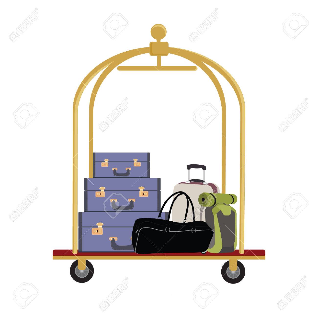 Ilustración Del Vector Del Hotel, Carrito De Equipaje Con El Equipaje, Maletín, Mochila Y Bolsa. Carro De Equipaje Ilustraciones Svg, Vectoriales, Clip Art Vectorizado Libre De Derechos. Image