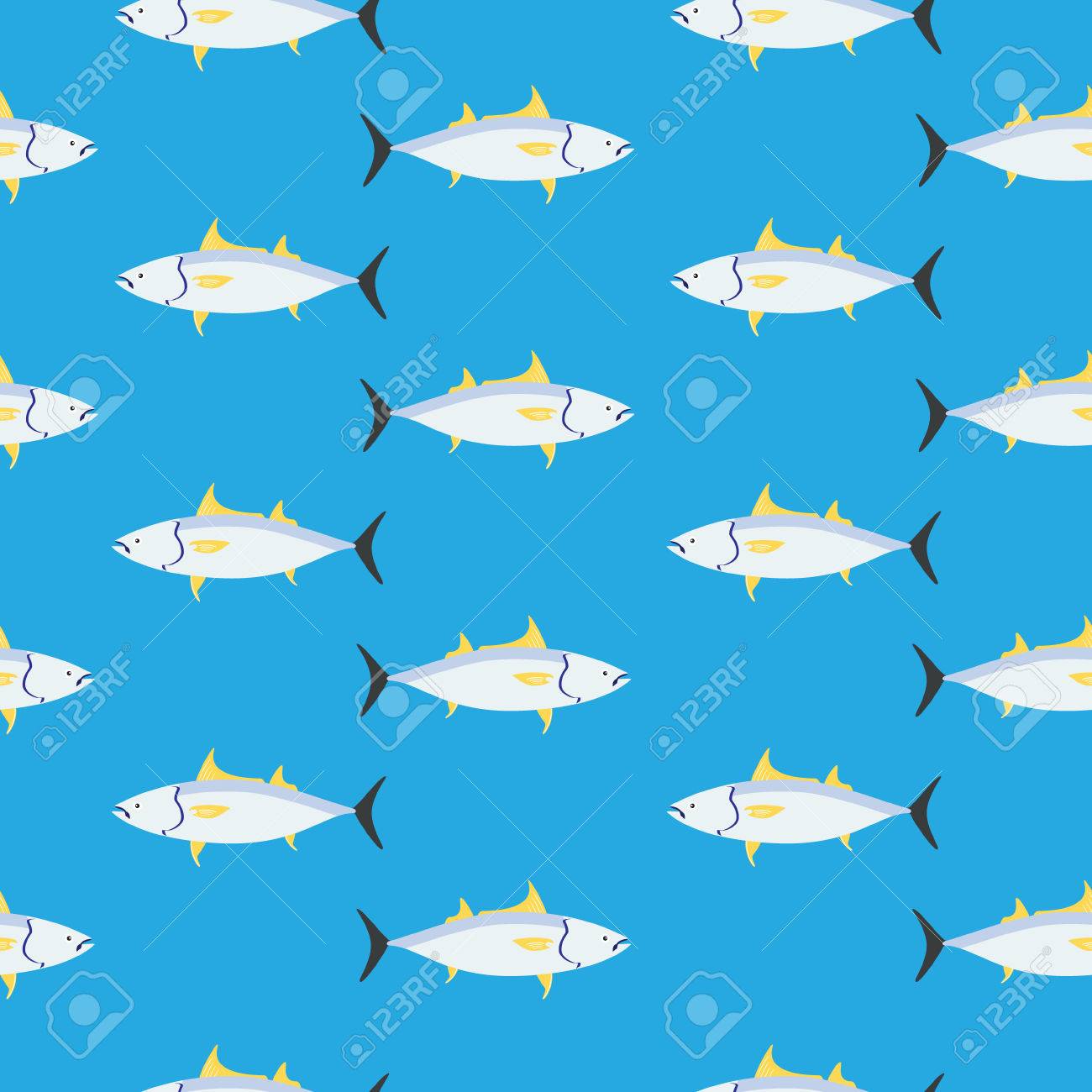 青色の背景の壁紙デザイン上にマグロ魚とシームレスなパターン ベクトル図 のイラスト素材 ベクタ Image