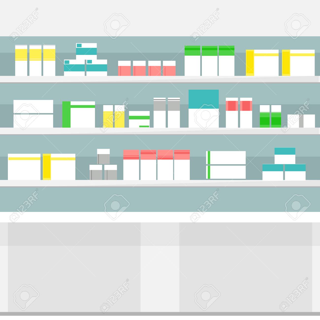 ベクトル図薬局は 薬薬瓶の液体とカプセル棚します 様々 な薬や薬局の棚に陳列のための薬 のイラスト素材 ベクタ Image