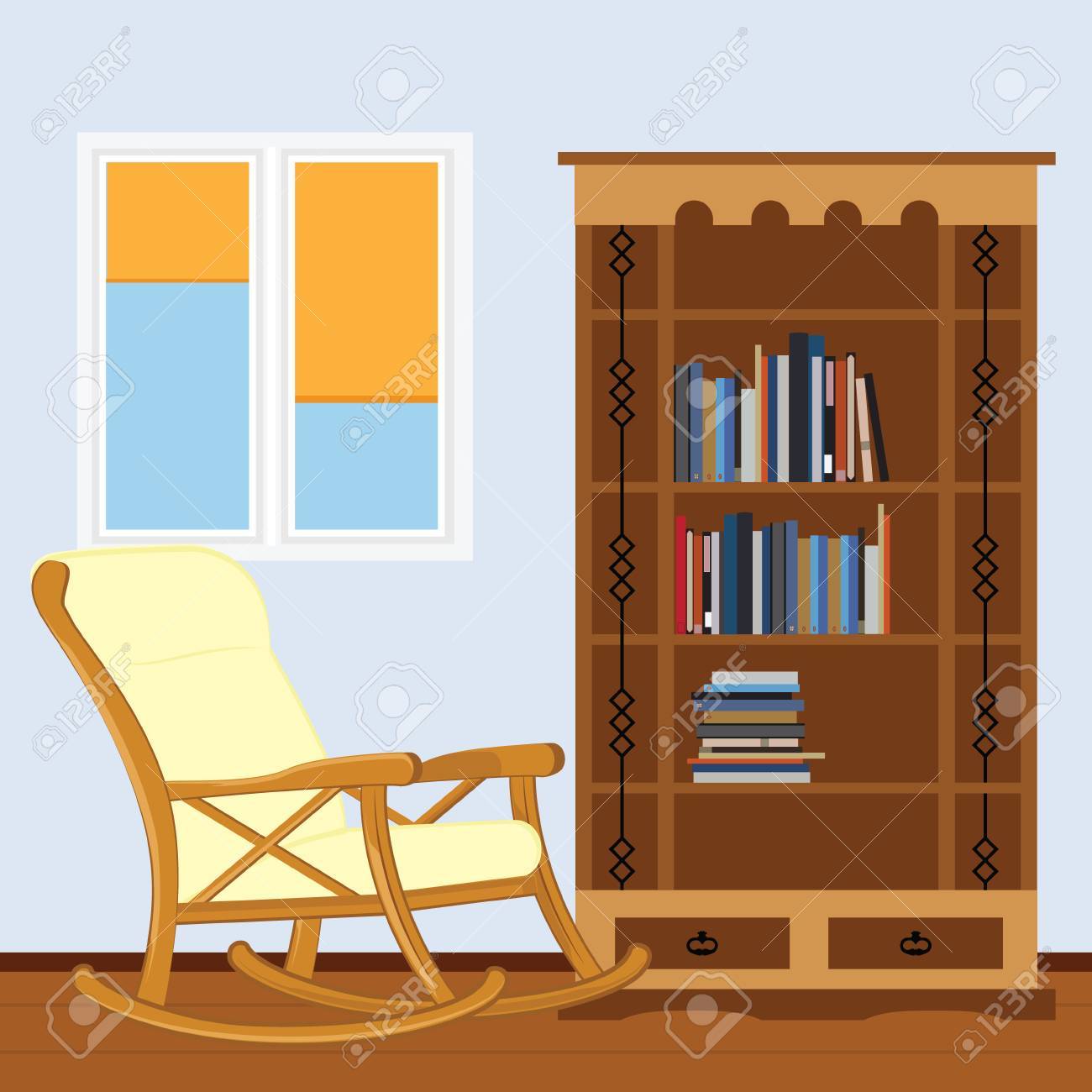ロッキングチェア 本棚の本とウィンドウのベクトル図と読書室 私は読書が大好き 研究室のイラスト素材 ベクタ Image